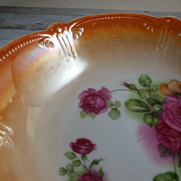 Antique German Lusterware Serving Bowl Orange with Roses, 9.25" - Picture 5 of 7